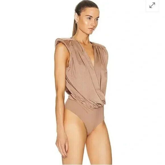 L'AGENCE Akari Effect Bodysuit Womens Large Brown Pleated Sleeveless Wrap V Neck - Picture 1 of 7
